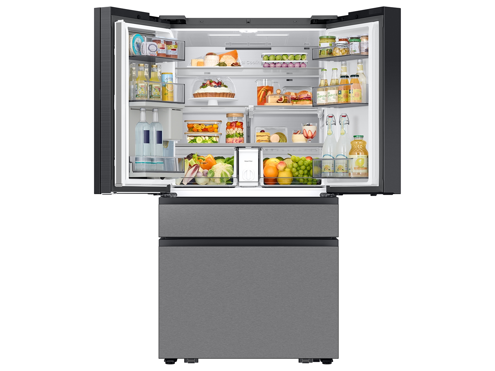 Thumbnail image of Bespoke 23 cu. ft. Counter Depth 4-Door French Door Refrigerator with AI Family Hub™+ & AI Vision Inside™ in Charcoal Glass and Stainless Steel